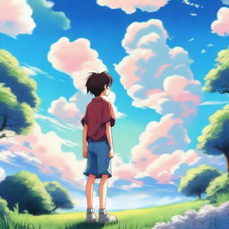 A serene anime scene featuring a young boy standing under a vast, clear sky with fluffy clouds