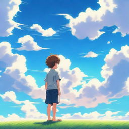 A serene anime scene featuring a young boy standing under a vast, clear sky with fluffy clouds