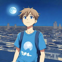 An anime scene featuring a boy wearing a blue t-shirt, holding a smartphone, and looking up at the sky and moon from the top of a building