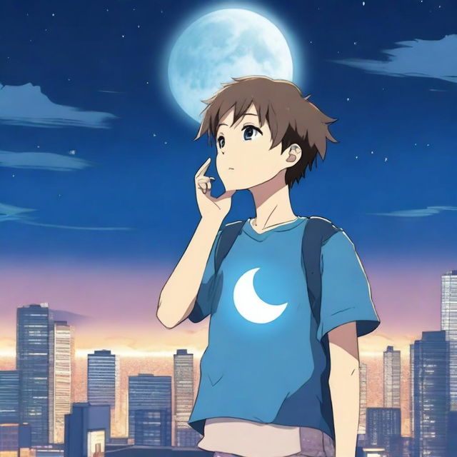 An anime scene featuring a boy wearing a blue t-shirt, holding a smartphone, and looking up at the sky and moon from the top of a building