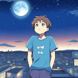 An anime scene featuring a boy wearing a blue t-shirt, holding a smartphone, and looking up at the sky and moon from the top of a building