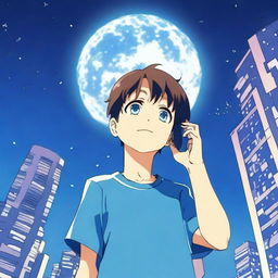 An anime scene featuring a boy wearing a blue t-shirt, holding a smartphone, and looking up at the sky and moon from the top of a building