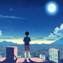 An anime scene viewed from behind, featuring a boy wearing a blue t-shirt and holding a smartphone