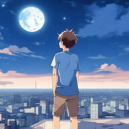 An anime scene viewed from behind, featuring a boy wearing a blue t-shirt and holding a smartphone