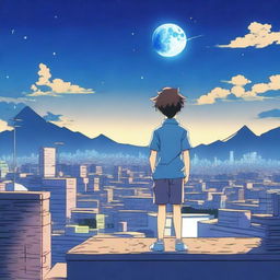 An anime scene viewed from behind, featuring a boy wearing a blue t-shirt and holding a smartphone