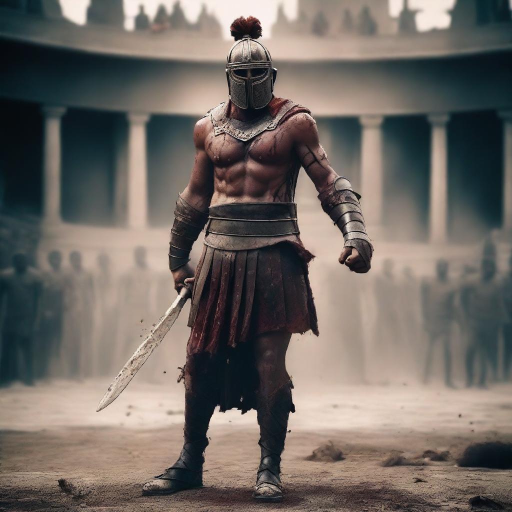 A fierce gladiator, clad in traditional armor, stands victorious in the arena