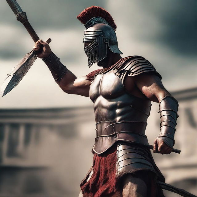 A fierce gladiator, clad in traditional armor, stands victorious in the arena