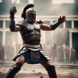 A fierce gladiator, clad in traditional armor, stands victorious in the arena
