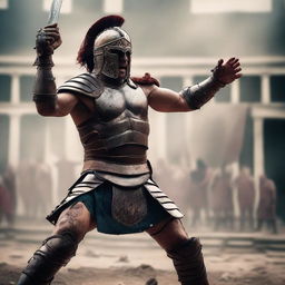 A fierce gladiator, clad in traditional armor, stands victorious in the arena