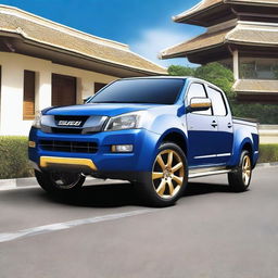 Create an image of a 2007 Isuzu D-Max in Thailand, modified in a lowered style with a blue color and gold body molding