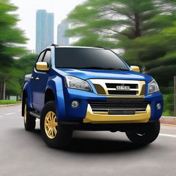 Create an image of a 2007 Isuzu D-Max in Thailand, modified in a lowered style with a blue color and gold body molding