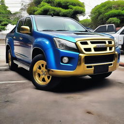 Create an image of a 2007 Isuzu D-Max in Thailand, modified in a lowered style with a blue color and gold body molding