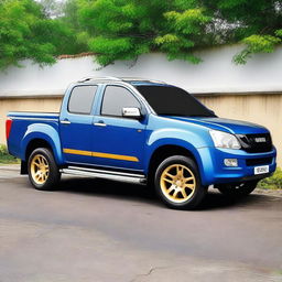 Create an image of a 2007 Isuzu D-Max in Thailand, modified in a lowered style with a blue color and gold body molding