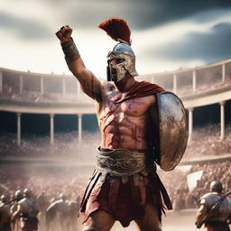 A fierce gladiator, clad in ancient Roman armor, raises his arm in victory