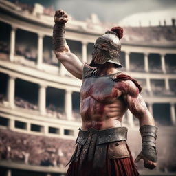 A fierce gladiator, clad in ancient Roman armor, raises his arm in victory