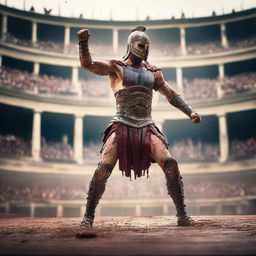 A fierce gladiator, clad in ancient Roman armor, raises his arm in victory