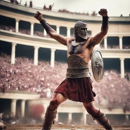 A fierce gladiator, clad in ancient Roman armor, raises his arm in victory