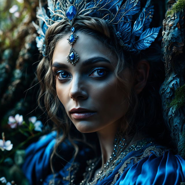 An intense close-up 3D photograph of a different Russian elf queen's face, showcasing immaculate composition and lighting. The image is hyper-realistic, capturing the intricate details of her unique features in a vibrant and mystical Russian forest.