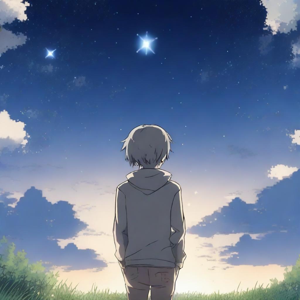 An anime scene viewed from behind, featuring a boy wearing gray clothes