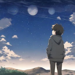 An anime scene viewed from behind, featuring a boy wearing gray clothes