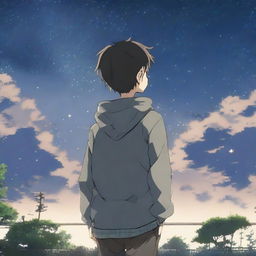 An anime scene viewed from behind, featuring a boy wearing gray clothes