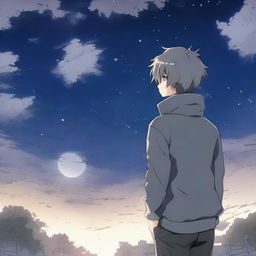 An anime scene viewed from behind, featuring a boy wearing gray clothes