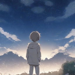 An anime scene viewed from behind, featuring a boy dressed in gray clothes