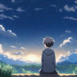 An anime scene viewed from behind, featuring a boy dressed in gray clothes