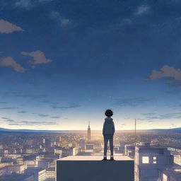 An anime scene viewed from behind, featuring a boy wearing gray clothes