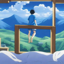 An anime scene viewed from behind, featuring a boy wearing a blue t-shirt falling from the top of a mountain