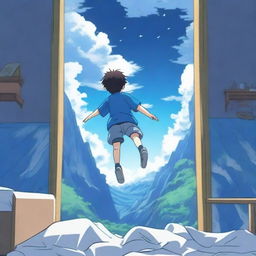 An anime scene viewed from behind, featuring a boy wearing a blue t-shirt falling from the top of a mountain