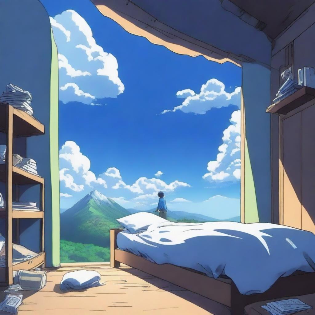 An anime scene viewed from behind, featuring a boy wearing a blue t-shirt falling from the top of a mountain