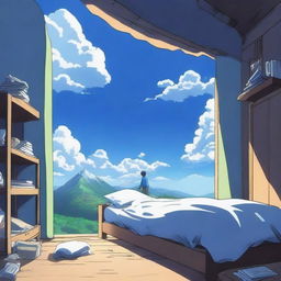 An anime scene viewed from behind, featuring a boy wearing a blue t-shirt falling from the top of a mountain