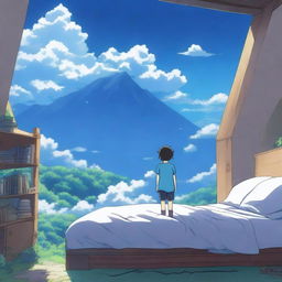 An anime scene viewed from behind, featuring a boy wearing a blue t-shirt falling from the top of a mountain