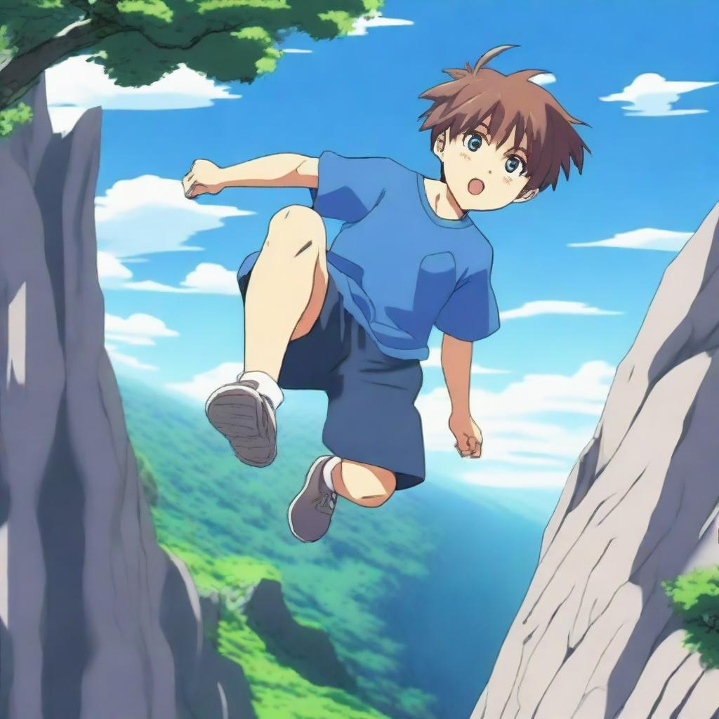 An anime scene featuring a boy wearing a blue t-shirt falling from the top of a mountain