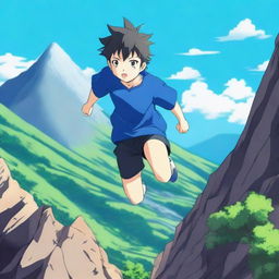 An anime scene featuring a boy wearing a blue t-shirt falling from the top of a mountain