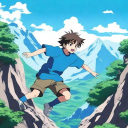 An anime scene featuring a boy wearing a blue t-shirt falling from the top of a mountain