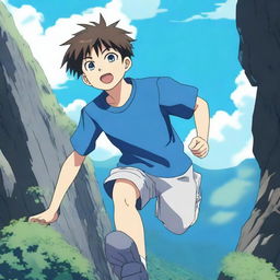 An anime scene featuring a boy wearing a blue t-shirt falling from the top of a mountain