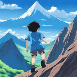 An anime scene viewed from behind, featuring a boy wearing a blue t-shirt falling from the top of a mountain