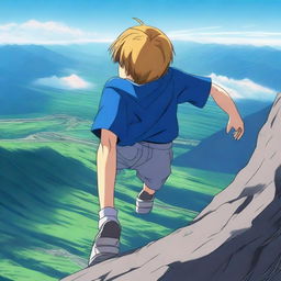 An anime scene viewed from behind, featuring a boy wearing a blue t-shirt falling from the top of a mountain