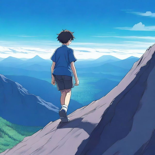 An anime scene viewed from behind, featuring a boy wearing a blue t-shirt falling from the top of a mountain