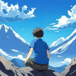 An anime scene viewed from behind, featuring a boy wearing a blue t-shirt falling from the top of a mountain