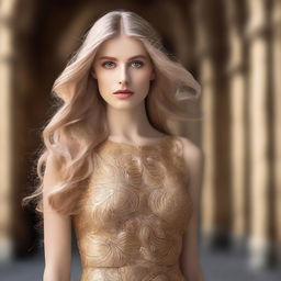 Create an image of a model with long blonde hair and gold eyes