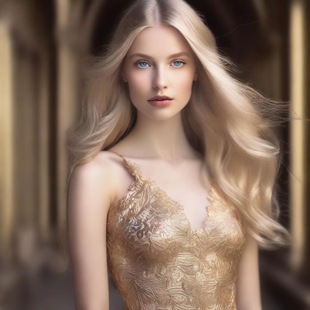 Create an image of a model with long blonde hair and gold eyes