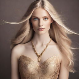 Create an image of a model with long blonde hair and gold eyes