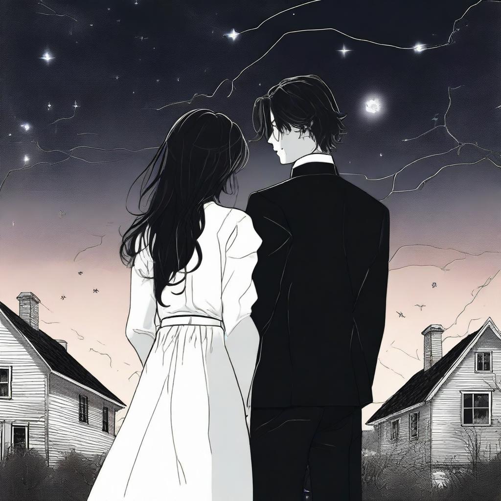 A man in a black suit with short messy but neat hair and a beautiful long-haired woman wearing a white dress standing far apart like enemies but connected by a thin line