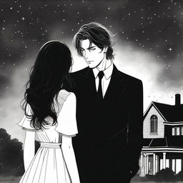 A man in a black suit with short messy but neat hair and a beautiful long-haired woman wearing a white dress standing far apart like enemies but connected by a thin line