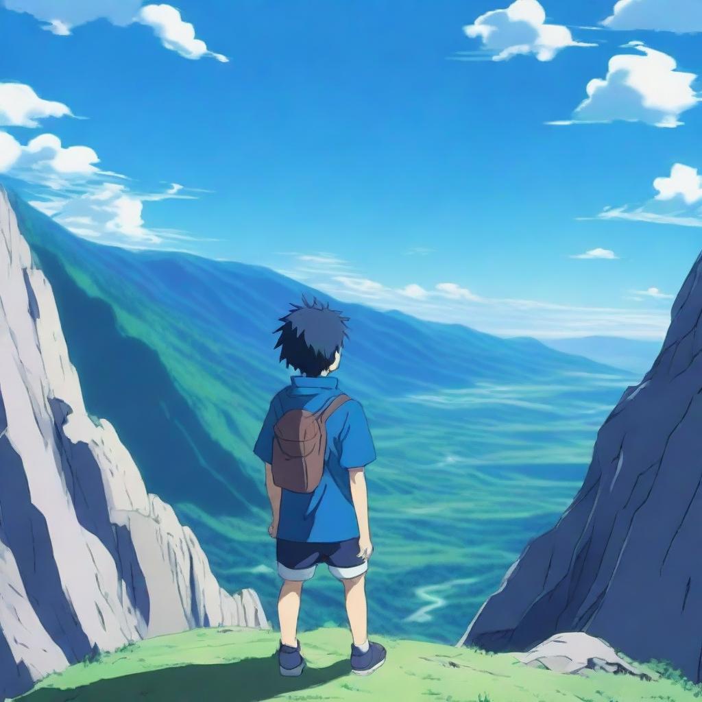 An anime scene viewed from behind, featuring a boy wearing a blue t-shirt falling from the top of a mountain