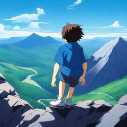 An anime scene viewed from behind, featuring a boy wearing a blue t-shirt falling from the top of a mountain