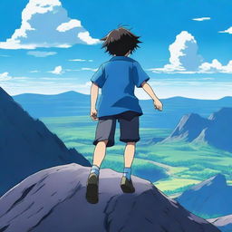 An anime scene viewed from behind, featuring a boy wearing a blue t-shirt falling from the top of a mountain